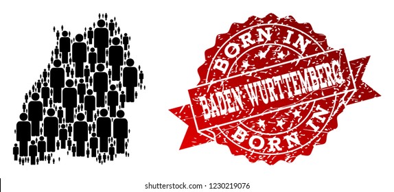 People crowd collage of black population map of Baden-Wurttemberg State and rubber seal. Vector red seal with unclean rubber texture has Born In text.