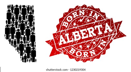 People crowd collage of black population map of Alberta Province and corroded seal stamp. Vector red seal with corroded rubber texture has Born In text.