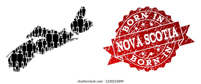 People crowd combination of black population map of Nova Scotia Province and scratched stamp. Vector red watermark with scratched rubber texture has Born In text.