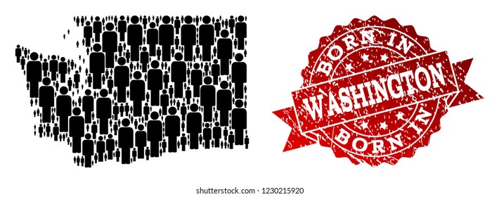 People crowd combination of black population map of Washington State and grunge seal. Vector red seal with grunge rubber texture has Born In text.