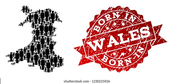 People crowd combination of black population map of Wales and rubber seal stamp. Vector red watermark with distress rubber texture has Born In text. Mosaic map of Wales designed with standing persons.