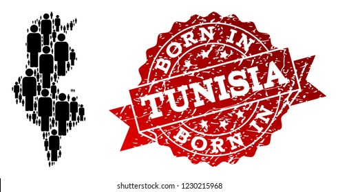 People crowd combination of black population map of Tunisia and unclean seal. Vector red watermark with unclean rubber texture has Born In text. Mosaic map of Tunisia designed with standing persons.