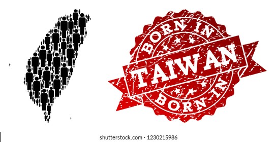 People crowd combination of black population map of Taiwan and rubber seal. Vector red seal with corroded rubber texture has Born In text. Mosaic map of Taiwan constructed with standing persons.
