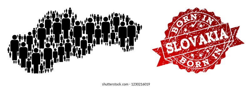 People crowd combination of black population map of Slovakia and corroded seal. Vector red seal with grunge rubber texture has Born In text. Mosaic map of Slovakia designed with standing persons.