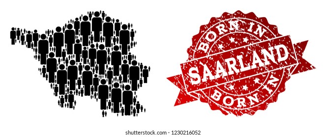 People crowd combination of black population map of Saarland State and rubber stamp. Vector red seal with unclean rubber texture has Born In text.