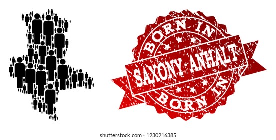 People crowd combination of black population map of Saxony-Anhalt State and scratched seal. Vector red imprint with scratched rubber texture has Born In text.