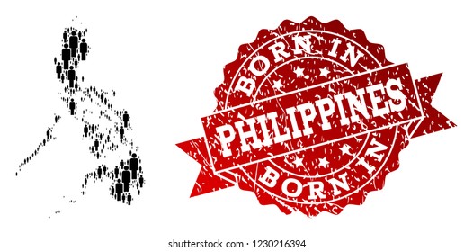 People crowd combination of black population map of Philippines and scratched seal. Vector red seal with scratched rubber texture has Born In text.