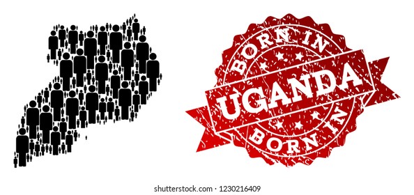 People crowd combination of black population map of Uganda and textured seal. Vector red seal with corroded rubber texture has Born In text. Mosaic map of Uganda constructed with standing persons.