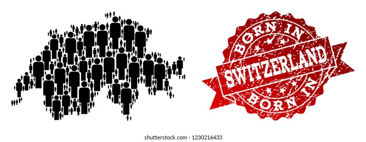 People crowd combination of black population map of Switzerland and rubber seal. Vector red seal with corroded rubber texture has Born In text.