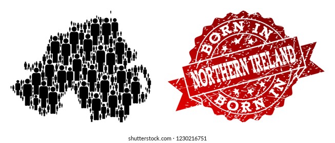 People crowd combination of black population map of Northern Ireland and rubber seal stamp. Vector red seal with grunge rubber texture has Born In text.