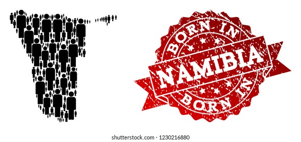 People crowd combination of black population map of Namibia and unclean seal. Vector red seal with grunge rubber texture has Born In text. Mosaic map of Namibia constructed with standing persons.