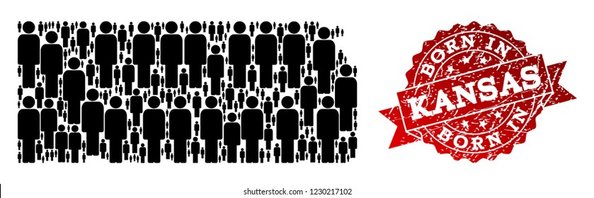 People crowd combination of black population map of Kansas State and grunge seal stamp. Vector red seal with corroded rubber texture has Born In text.
