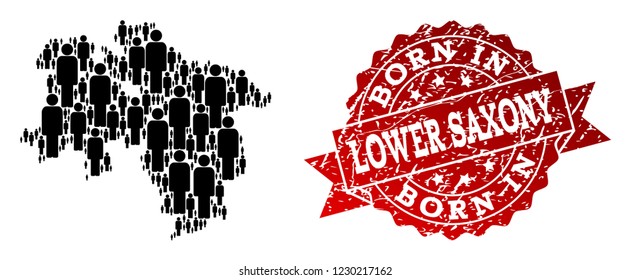 People crowd combination of black population map of Lower Saxony State and rubber stamp. Vector red seal with grunge rubber texture has Born In text.