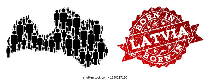 People crowd combination of black population map of Latvia and scratched seal. Vector red seal with scratched rubber texture has Born In text. Mosaic map of Latvia designed with standing persons.