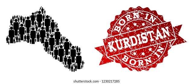 People crowd combination of black population map of Kurdistan and rubber seal stamp. Vector red seal with scratched rubber texture has Born In text.