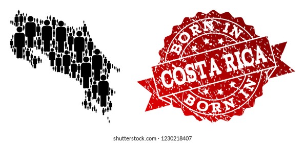 People crowd combination of black population map of Costa Rica and rubber seal. Vector red seal with scratched rubber texture has Born In text. Mosaic map of Costa Rica designed with standing persons.