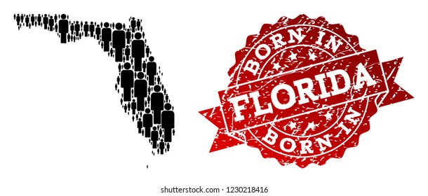 People crowd combination of black population map of Florida State and dirty seal. Vector red seal with scratched rubber texture has Born In text.