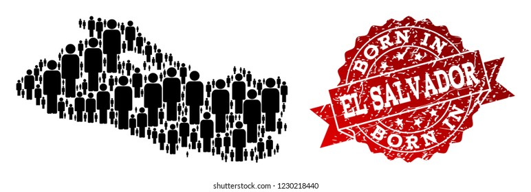 People crowd combination of black population map of El Salvador and grunge seal. Vector red seal with unclean rubber texture has Born In text.