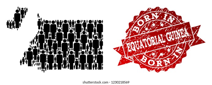 People crowd combination of black population map of Equatorial Guinea and unclean seal stamp. Vector red seal with grunge rubber texture has Born In text.