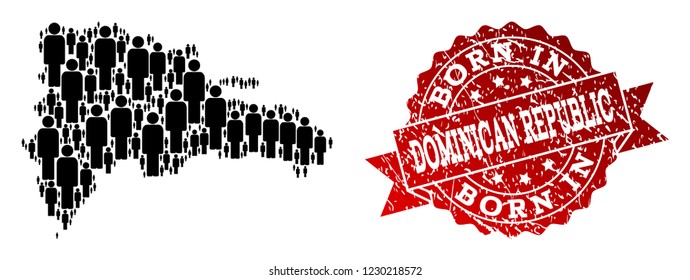 People crowd combination of black population map of Dominican Republic and corroded seal stamp. Vector red seal with corroded rubber texture has Born In text.