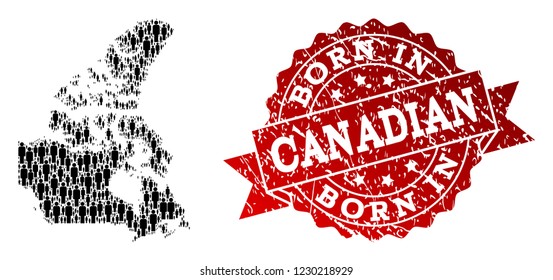 People crowd combination of black population map of Canada and rubber seal stamp. Vector red seal with scratched rubber texture has Born In text. Mosaic map of Canada designed with standing persons.