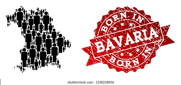People crowd combination of black population map of Bavaria State and rubber seal. Vector red seal with distress rubber texture has Born In text.