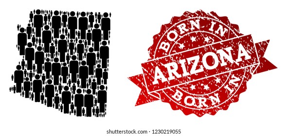 People crowd combination of black population map of Arizona State and rubber seal. Vector red imprint with unclean rubber texture has Born In text.