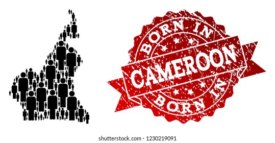 People crowd combination of black population map of Cameroon and rubber seal. Vector red seal with unclean rubber texture has Born In text. Mosaic map of Cameroon constructed with standing persons.