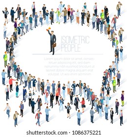 People crowd comment speech bubble frame shape icon. Isometric vector presentation, web site, banner template. Men and women, people diversity, various styles and professions. Society and opinions.
