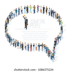 People crowd comment speech bubble frame shape icon. Isometric vector presentation, web site, banner template. Men and women, people diversity, various styles and professions. Society and opinions.
