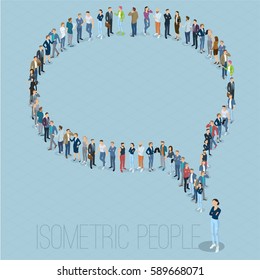 People crowd comment speech bubble frame shape icon. Isometric vector presentation template.