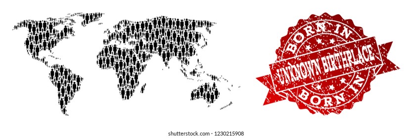 People crowd composition of black population map of world and corroded seal. Vector red watermark with corroded rubber texture has Born In text. Mosaic map of world constructed with standing persons.