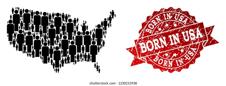 People crowd composition of black population map of USA and scratched seal. Vector red seal with corroded rubber texture has Born In text. Mosaic map of USA designed with standing persons.