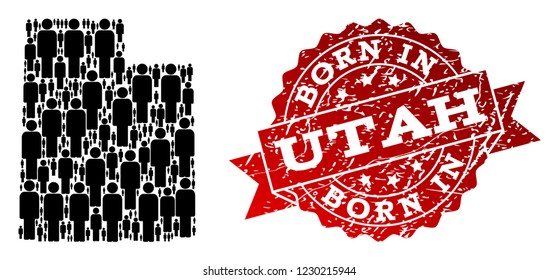 People crowd composition of black population map of Utah State and rubber seal stamp. Vector red imprint with corroded rubber texture has Born In text.