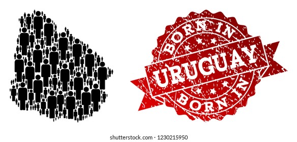 People crowd composition of black population map of Uruguay and rubber stamp. Vector red imprint with grunge rubber texture has Born In text. Mosaic map of Uruguay constructed with standing persons.