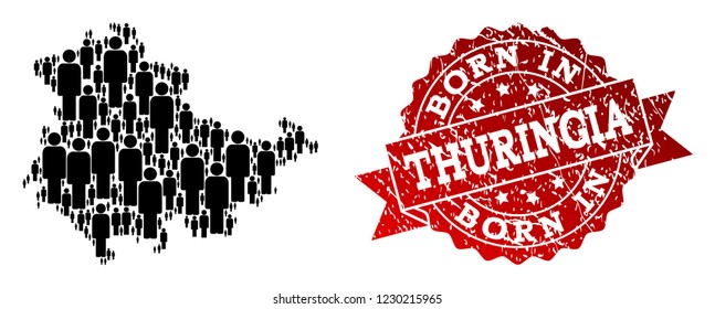 People crowd composition of black population map of Thuringia State and rubber seal. Vector red imprint with grunge rubber texture has Born In text.