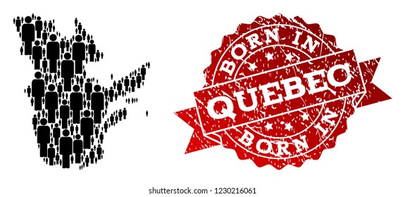 People crowd composition of black population map of Quebec Province and unclean seal stamp. Vector red seal with unclean rubber texture has Born In text.