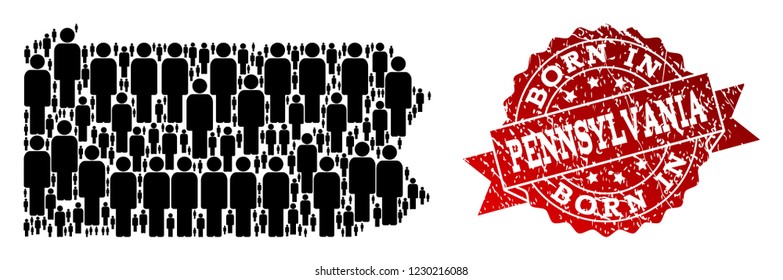 People crowd composition of black population map of Pennsylvania State and rubber stamp. Vector red seal with scratched rubber texture has Born In text.