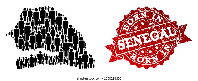 People crowd composition of black population map of Senegal and unclean seal. Vector red seal with scratched rubber texture has Born In text. Mosaic map of Senegal constructed with standing persons.