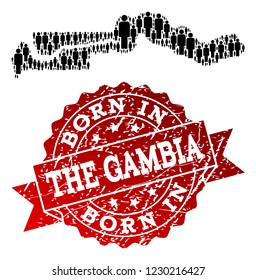 People crowd composition of black population map of the Gambia and scratched seal stamp. Vector red seal with unclean rubber texture has Born In text.