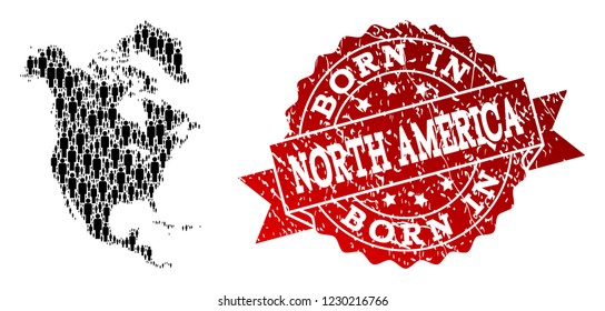 People crowd composition of black population map of North America and rubber seal. Vector red seal with distress rubber texture has Born In text.