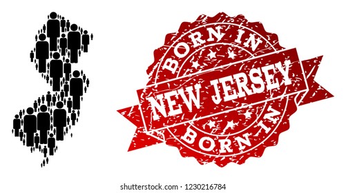 People crowd composition of black population map of New Jersey State and textured seal stamp. Vector red seal with corroded rubber texture has Born In text.