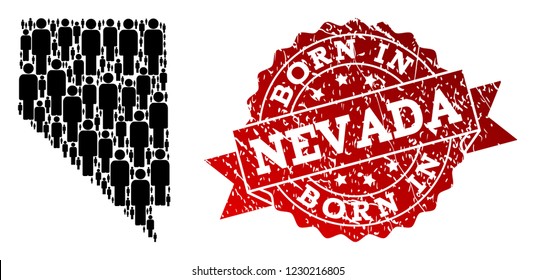 People crowd composition of black population map of Nevada State and rubber seal stamp. Vector red seal with corroded rubber texture has Born In text.