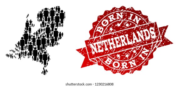 People crowd composition of black population map of Netherlands and grunge seal stamp. Vector red seal with grunge rubber texture has Born In text.