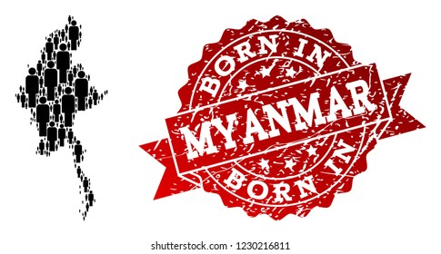 People crowd composition of black population map of Myanmar and rubber seal. Vector red watermark with distress rubber texture has Born In text.