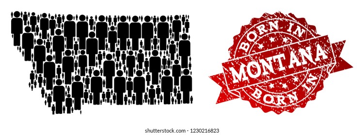 People crowd composition of black population map of Montana State and unclean seal. Vector red seal with unclean rubber texture has Born In text.