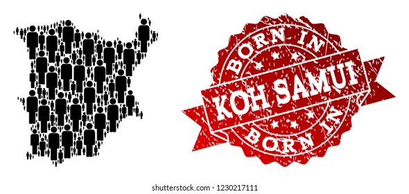 People crowd composition of black population map of Koh Samui and corroded seal. Vector red seal with corroded rubber texture has Born In text.