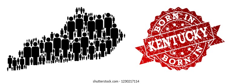 People crowd composition of black population map of Kentucky State and rubber stamp. Vector red watermark with distress rubber texture has Born In text.