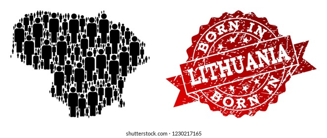 People crowd composition of black population map of Lithuania and rubber seal. Vector red seal with unclean rubber texture has Born In text. Mosaic map of Lithuania constructed with standing persons.