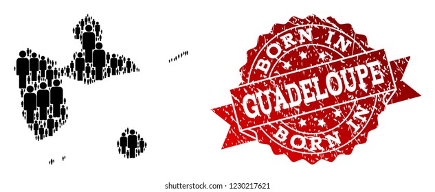 People crowd composition of black population map of Guadeloupe and scratched seal. Vector red watermark with scratched rubber texture has Born In text.